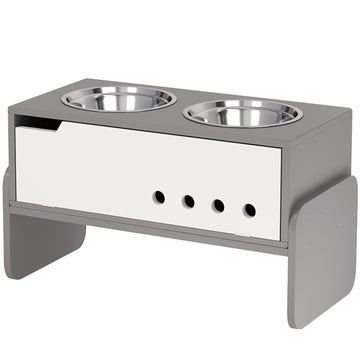 Verhoogd hondenvoerstation met opbergruimte | Kleur: Grijs-wit | Afmetingen: 62.5x30x36.5 cm