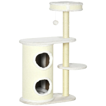 Kattenkrabpaal met kattenhuis en speelgoed | Kleur: Crèmewit | Afmetingen: 35x59x100 cm