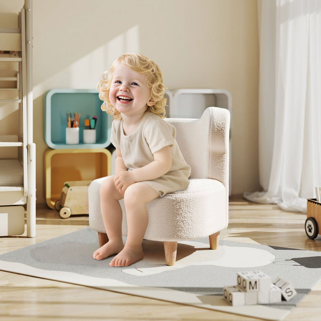 Kinderfauteuil met berenoren - Pluche | Kleur: Wit | Afmetingen: 47x43x53 cm