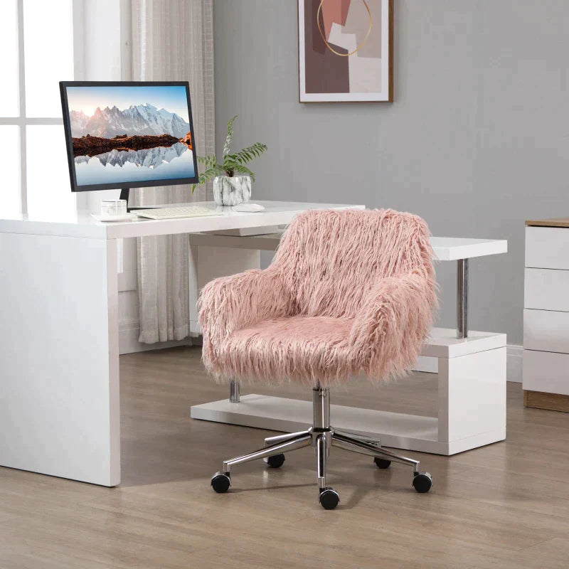 Bureaustoel van faux fur met armleuningen | Kleur: Roze+Zilver | Afmetingen: 57x60x75-85 cm