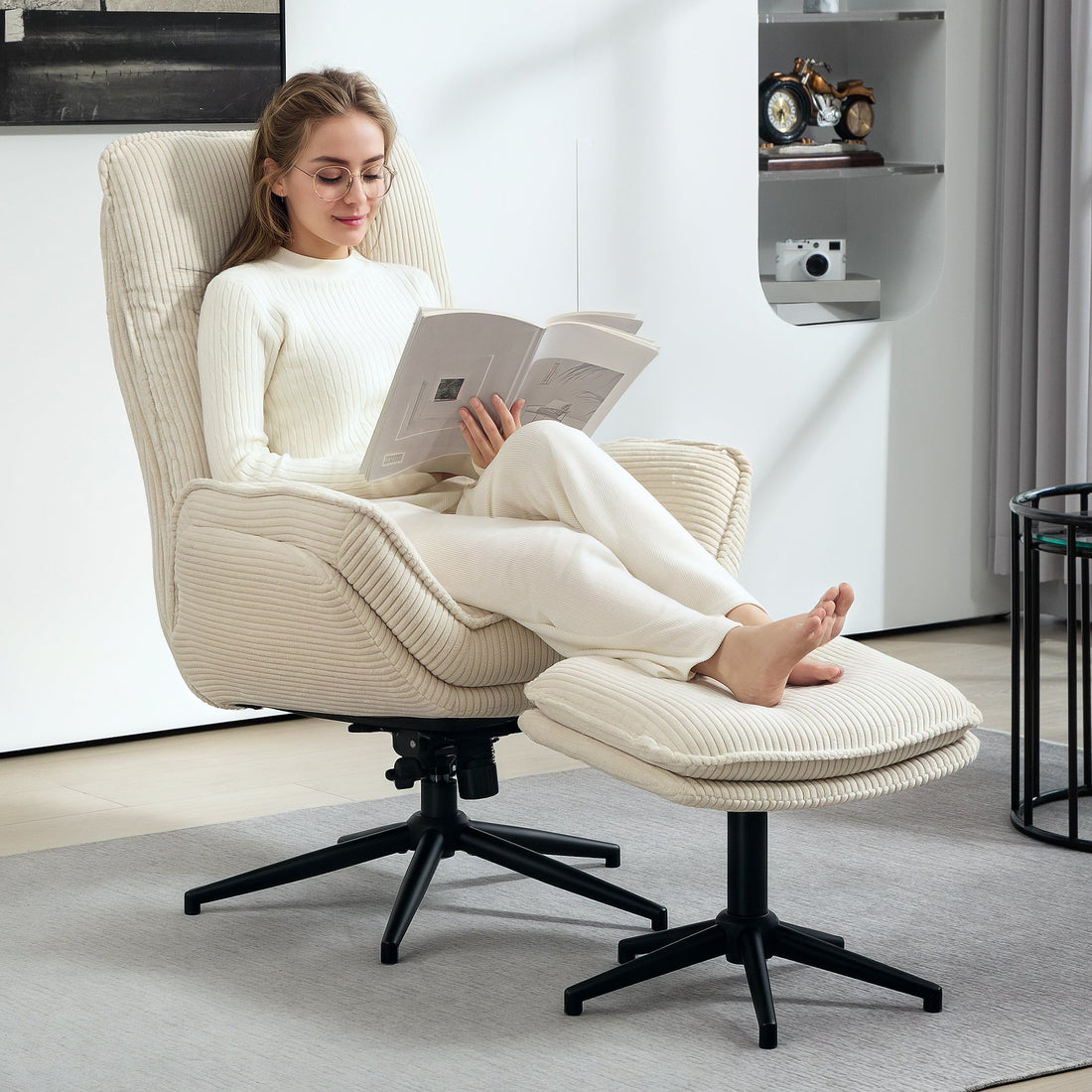Drehsessel mit Hocker - Relaxsessel | Farbe: Braun | Abmessungen: 74x85x104 cm