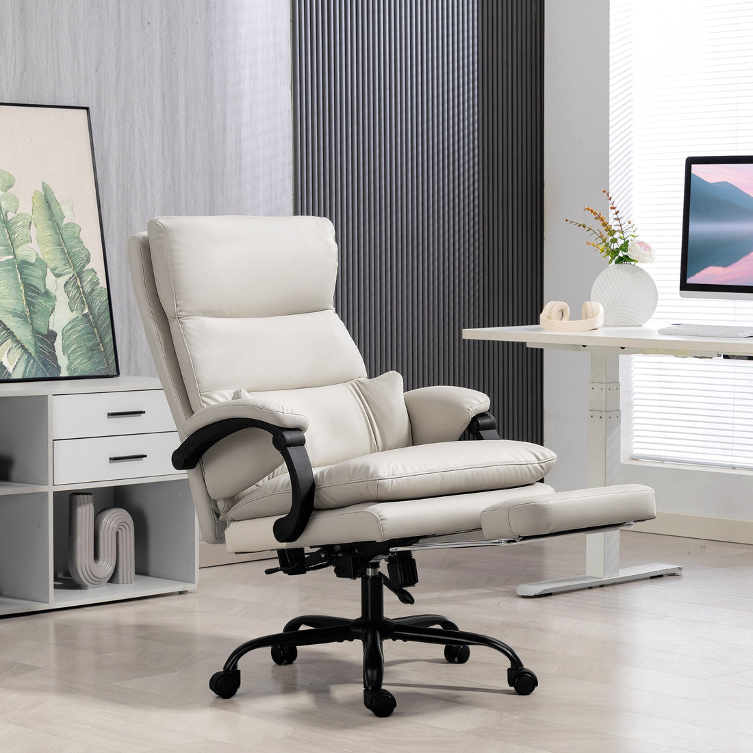 Grauer Kunstleder-Bürostuhl mit Fußstütze | Farbe: Grau | Maße: 66x60x113-121 cm