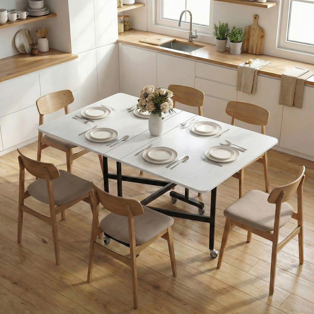 Vikbart mobilbord med 6 hjul och bromsar | Färg: Vit | Mått: 120x80x73 cm