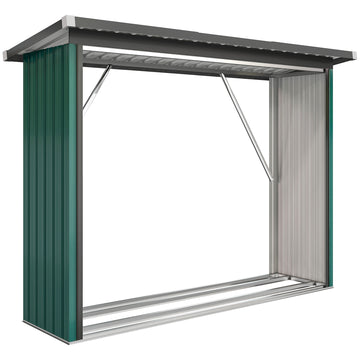 Brandhoutberging van staal met schuin dak | Kleur: Groen | Afmetingen: 66,5x213x150 cm