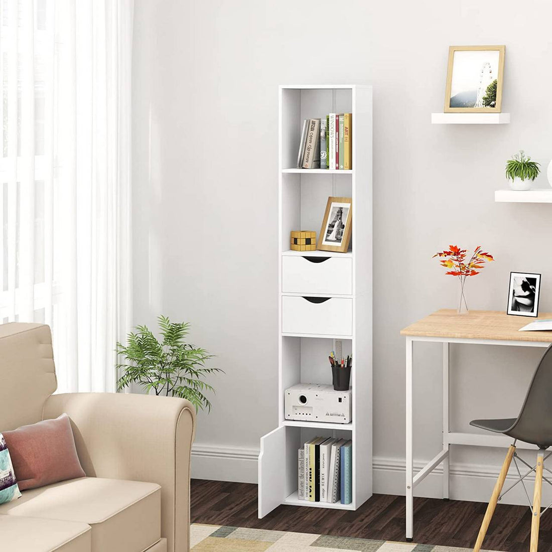 Bücherregal mit Schubladen und Tür | Weiß | 30x24x158 cm