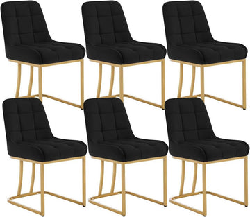 6-delige set eetkamerstoelen van fluweel met metalen frame | Zwart | 39x45x84 cm