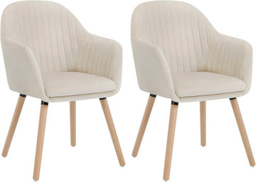 Set van 2 eetkamerstoelen van fluweel met massief houten poten | Crèmewit | 40x40x81 cm