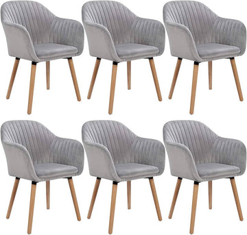 Set van 6 eetkamerstoelen van fluweel met armleuningen | Lichtgrijs
