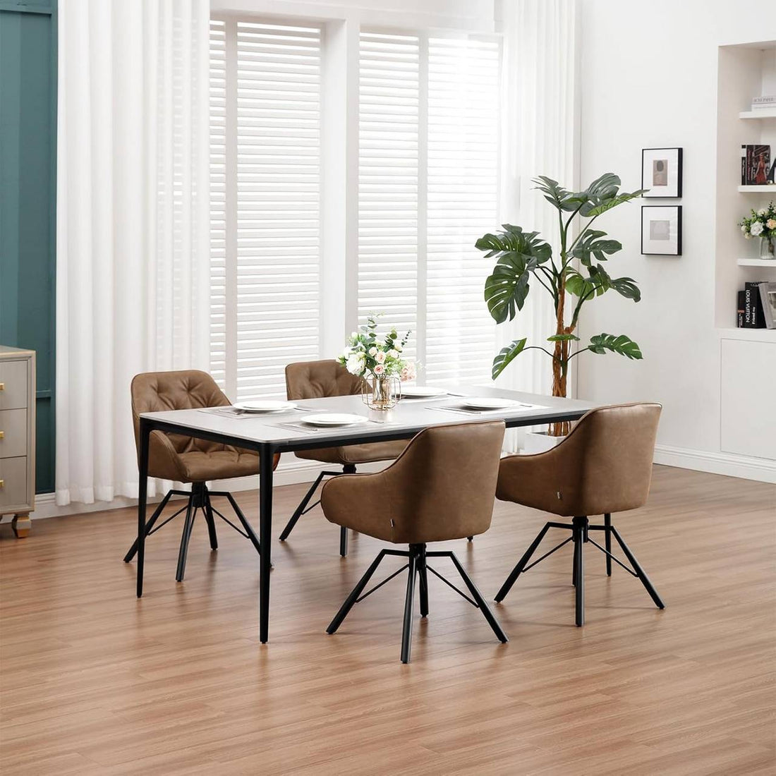Matsalsstol snurrbar med armstöd konstläder 4-delat set | Ljusbrun | 57,5x53x82,5 cm