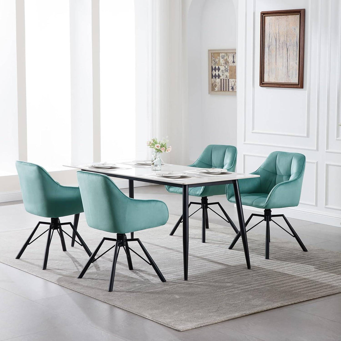 Roterbar matsalsstol med armstöd och sammetsklädsel | Turkos | 58,5x54,5x82,5 cm