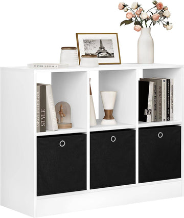 Boekenkast met 3 stoffen lades en 6 vakken | Wit | 80x30x60 cm
