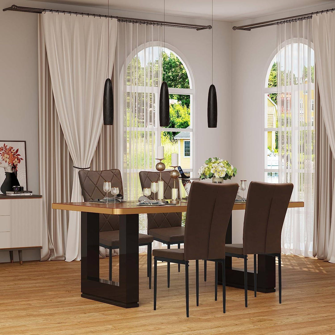Eetkamerstoelen set van 4 kunstleer hoge rugleuning metalen poten | Donkerbruin | 42x59x94,5 cm