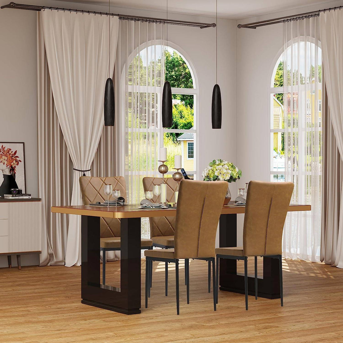 Eetkamerstoelen 4-delige set kunstleren hoge rugleuning metalen poten | Bruin | 42x59x94,5 cm