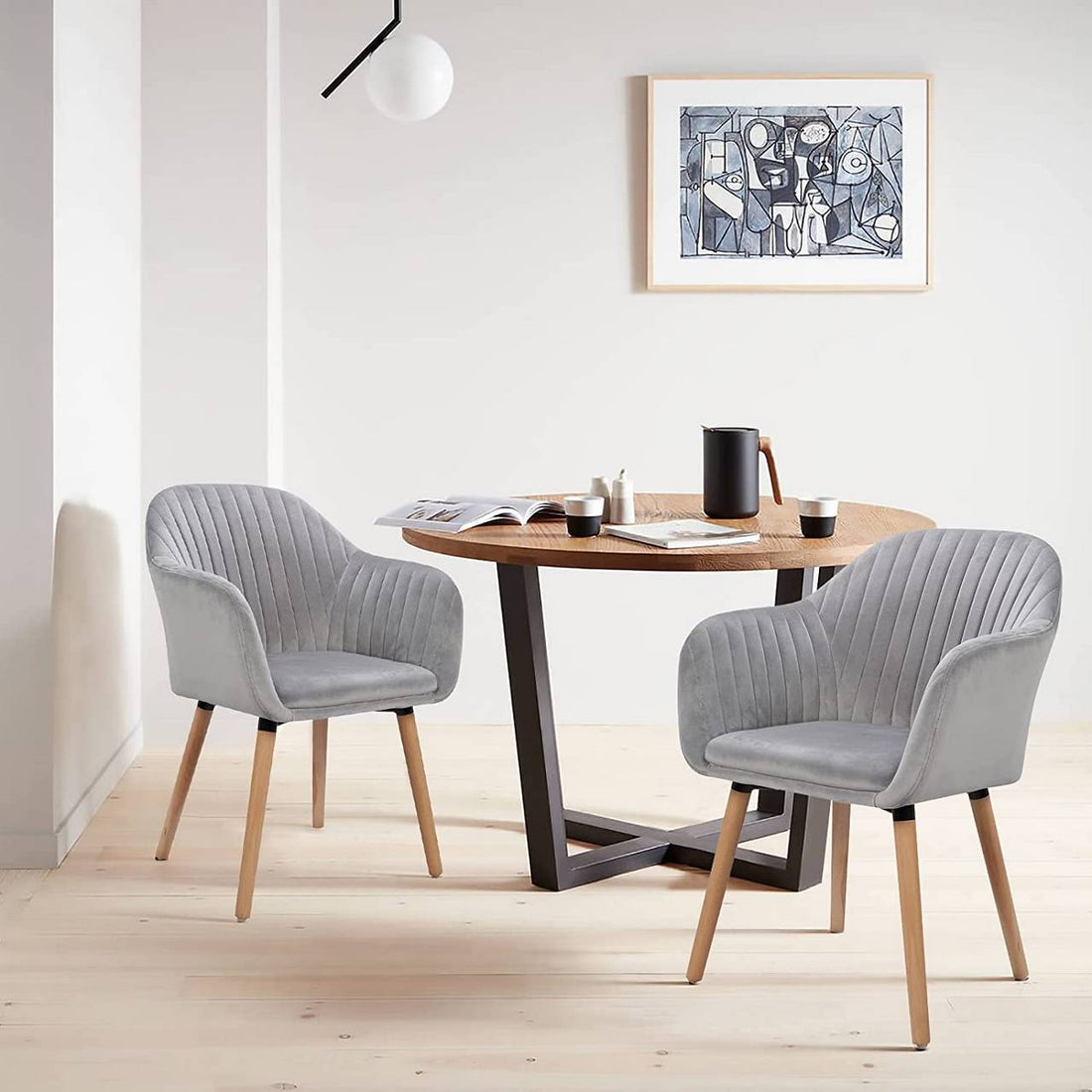 Set van 6 eetkamerstoelen van fluweel met armleuningen | Lichtgrijs