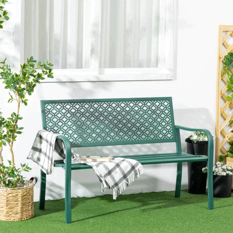 Gartenbank aus Metall mit Blumenmuster | Farbe: Dunkelgrün | Abmessungen: 63x127x83 cm