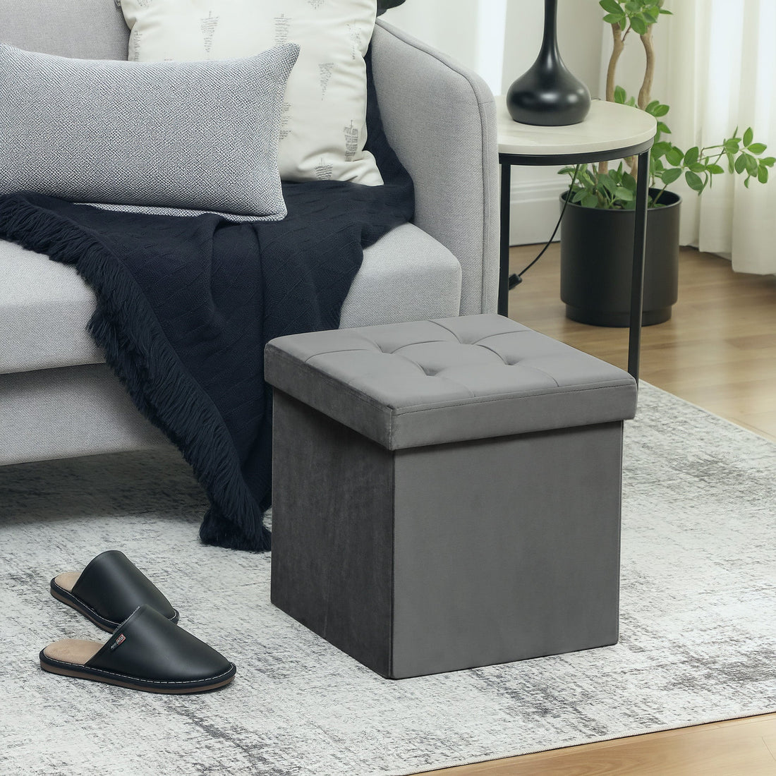 Opvouwbare zitpoef met opbergruimte | Kleur: Grijs | Afmetingen: 38x38x38 cm