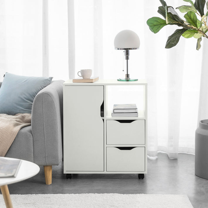 Mobiele printerstandaard met opbergruimte - Kantoorkast - Gereedschapswagen - Veelzijdig gebruik als keukenkast of bijzettafel - Afsluitbare wielen - Duurzaam PB-materiaal - 60 cm x 70 cm x 35 cm - Wit