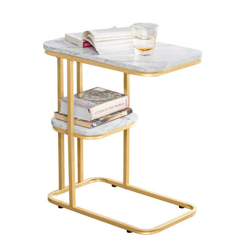 Moderne Bijzettafel - Tijdschriftenrek - Mobiel Werkstation - MDF met Marmeren Afwerking - Verstelbare Voeten - 50cm x 58cm x 30cm