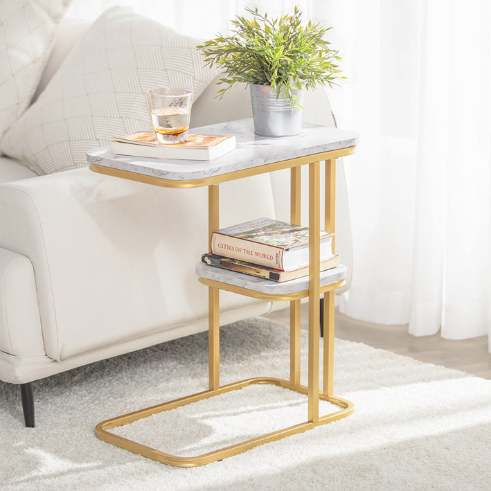 Moderne Bijzettafel - Tijdschriftenrek - Mobiel Werkstation - MDF met Marmeren Afwerking - Verstelbare Voeten - 50cm x 58cm x 30cm