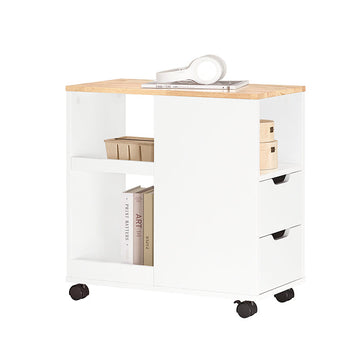 Mobiele Printertafel - Archiefwagen - Bijzettafel - Veelzijdige opslag met laden en compartimenten - Afsluitbare wielen - Eenvoudige montage - Wit-natuurlijke afwerking - 30 cm x 60 cm x 60 cm