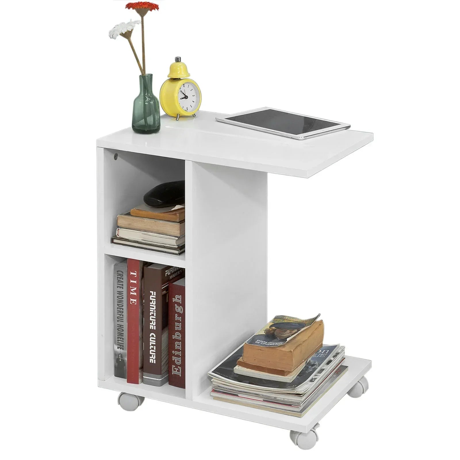 Sofa Bijzettafel-Bijzettafel Salontafel op Wielen met 2 Opbergplanken & Tablethouder