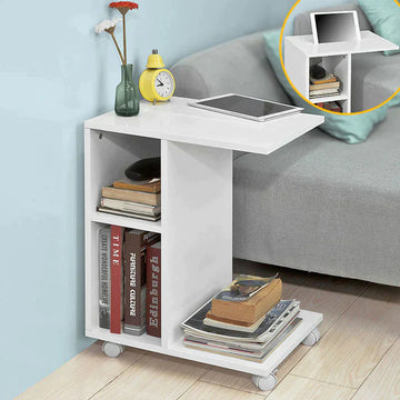 Sofa Bijzettafel-Bijzettafel Salontafel op Wielen met 2 Opbergplanken & Tablethouder