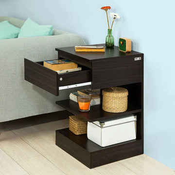 Bijzettafel-Bijzettafel Salontafel-Nachtkastje Slaapbank Bijzettafel met 1 Lade en 2 Planken