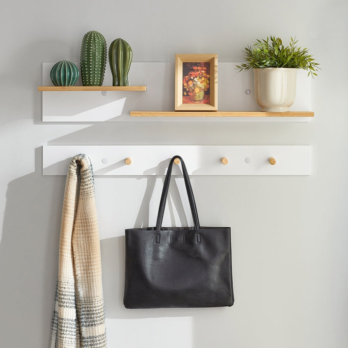 Wandkapstok met hangende plank - Halorganisator - Halopslag - Constructie van MDF en bamboe - Multifunctioneel - Ruimtebesparend - 90 cm x 20 cm
