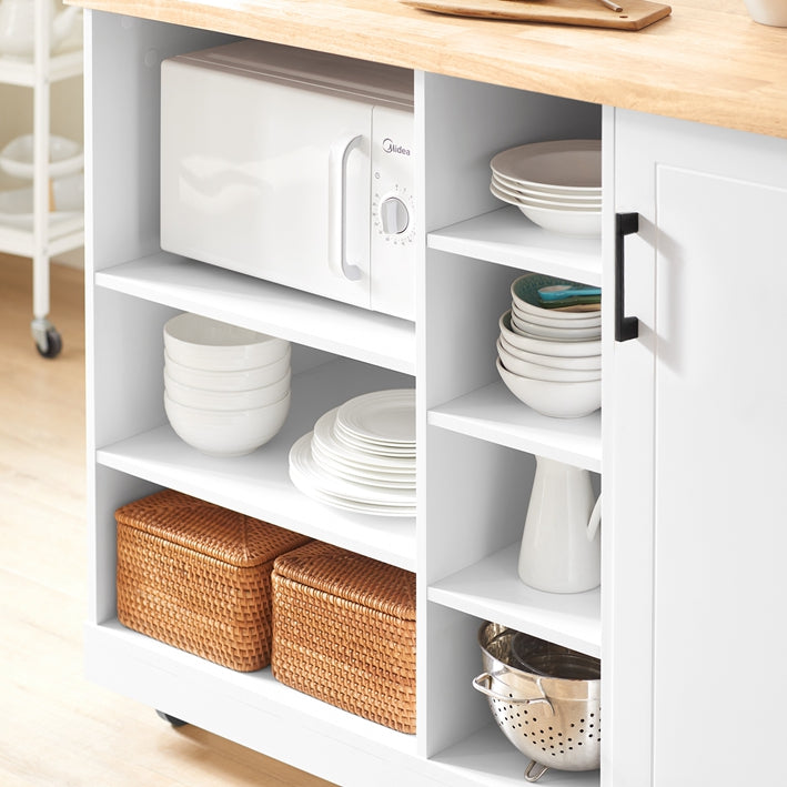 Kitchen Island Trolley - Keukenkast - Mobiele keukenwagen - Verstelbare opbergruimte - Draadbeheer - Veelzijdig ontwerp - 127 cm x 94 cm x 48 cm - Wit-Natuurlijk