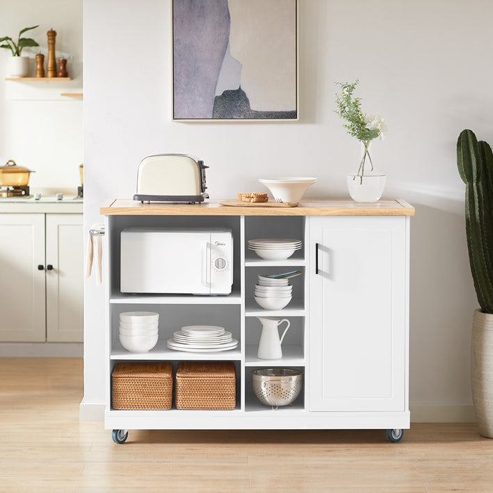 Kitchen Island Trolley - Keukenkast - Mobiele keukenwagen - Verstelbare opbergruimte - Draadbeheer - Veelzijdig ontwerp - 127 cm x 94 cm x 48 cm - Wit-Natuurlijk