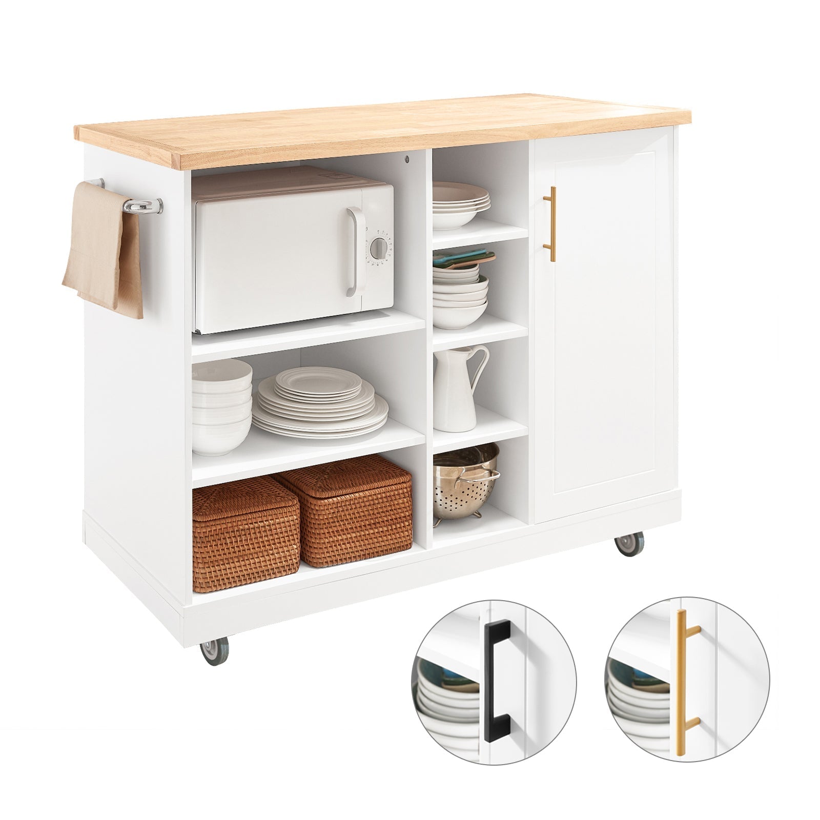 Kitchen Island Trolley - Keukenkast - Mobiele keukenwagen - Verstelbare opbergruimte - Draadbeheer - Veelzijdig ontwerp - 127 cm x 94 cm x 48 cm - Wit-Natuurlijk