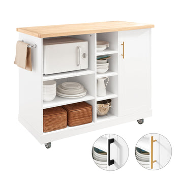 Kitchen Island Trolley - Keukenkast - Mobiele keukenwagen - Verstelbare opbergruimte - Draadbeheer - Veelzijdig ontwerp - 127 cm x 94 cm x 48 cm - Wit-Natuurlijk