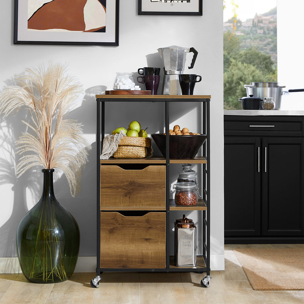 Keukentrolley - Serveerwagen - Multifunctionele kast - 3 planken, 3 grote laden, verrijdbaar met remmen - 53 cm x 89 cm x 37 cm