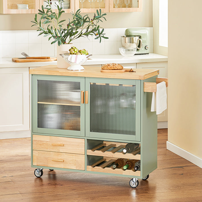 Keukentrolley FKW114-GR - Keukeneiland - Dressoir - Wijnglashouder - Flessenrek - Duurzaam MDF & Bamboe - 109cm x 92cm x 40cm