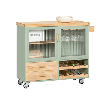 Keukentrolley FKW114-GR - Keukeneiland - Dressoir - Wijnglashouder - Flessenrek - Duurzaam MDF & Bamboe - 109cm x 92cm x 40cm