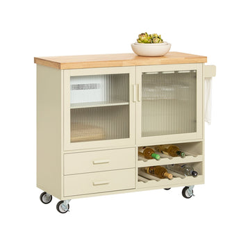 Kitchen Island Cart - Draagbaar eiland - Rollende keukenwagen - MDF(E1) Bamboe Rubberwood - Opbergmogelijkheden - 109cm x 92cm x 40cm
