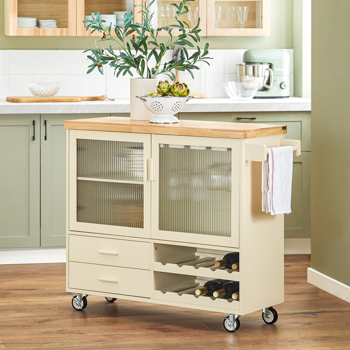 Kitchen Island Cart - Draagbaar eiland - Rollende keukenwagen - MDF(E1) Bamboe Rubberwood - Opbergmogelijkheden - 109cm x 92cm x 40cm