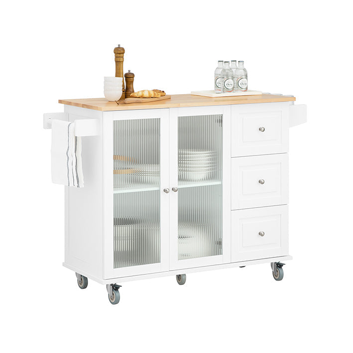 Keukentrolley met Glazen Deur - Keukeneiland - Dressoir - Verstelbare Planken - Handdoek- en Kruidenrek - Verrijdbaar met Afsluitbare Wielen - 128cm x 92cm x 46cm