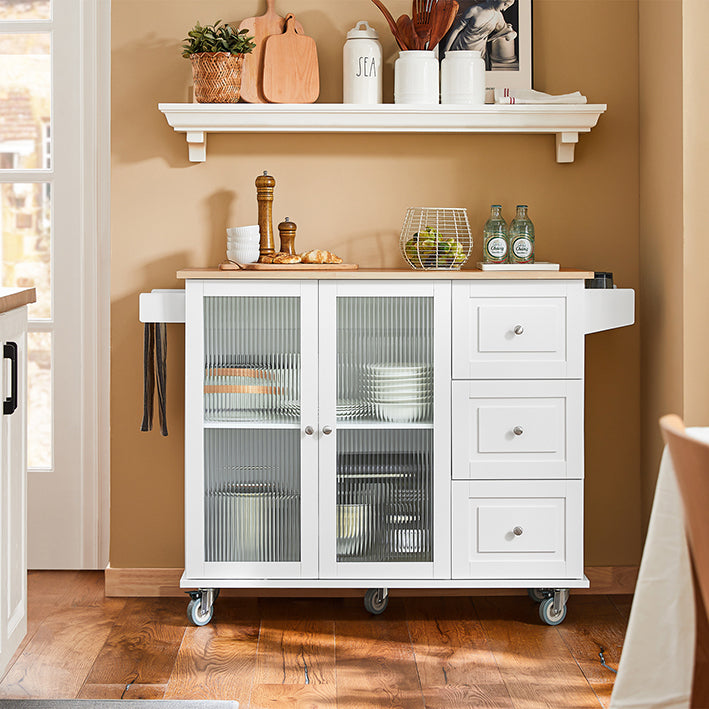 Keukentrolley met Glazen Deur - Keukeneiland - Dressoir - Verstelbare Planken - Handdoek- en Kruidenrek - Verrijdbaar met Afsluitbare Wielen - 128cm x 92cm x 46cm