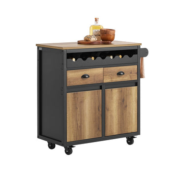Kitchen Trolley Cart - Opbergwagen - Keukeneiland - MDF en Metaal - Handdoek- en Flessenrek - 89cm x 87cm x 40cm