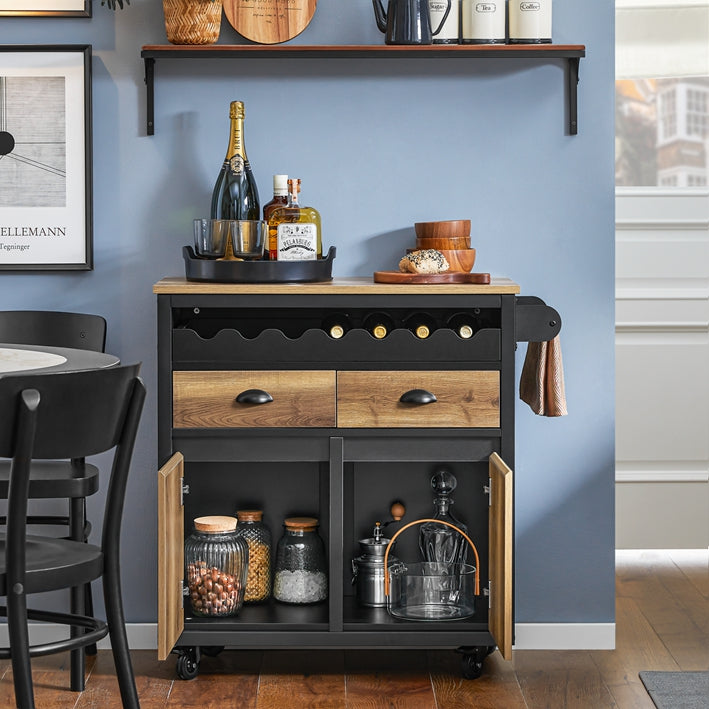 Kitchen Trolley Cart - Opbergwagen - Keukeneiland - MDF en Metaal - Handdoek- en Flessenrek - 89cm x 87cm x 40cm