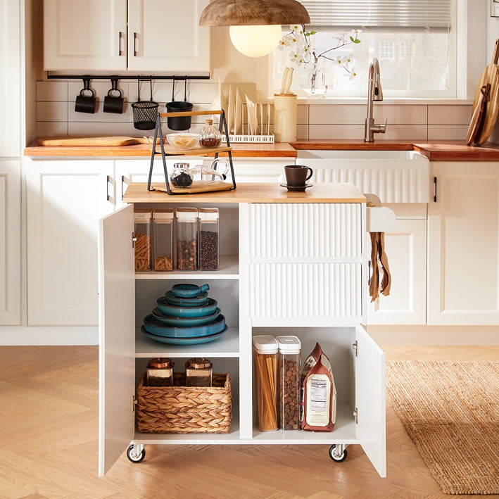 Kitchen Cart - Mobiel Keukeneiland - Rollende Trolley - Multi-Opslag, MDF & Rubberhout - 90x90x40cm