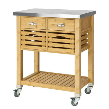Bamboo Kitchen Serveerwagen - Opbergwagen met roestvrijstalen werkblad