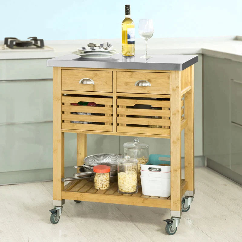 Bamboo Kitchen Serveerwagen - Opbergwagen met roestvrijstalen werkblad