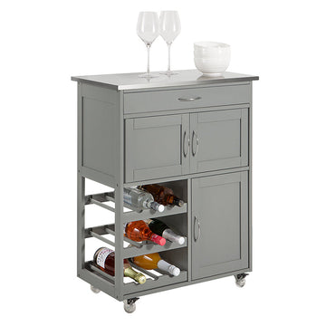 Keukentrolley Serveerwagen - Keukenkast - Mobiel Opbergmeubel - MDF en RVS - Met Flessenplanken, Lade en Afsluitbare Wielen - 67cm x 87cm x 38cm - Lichtgrijs