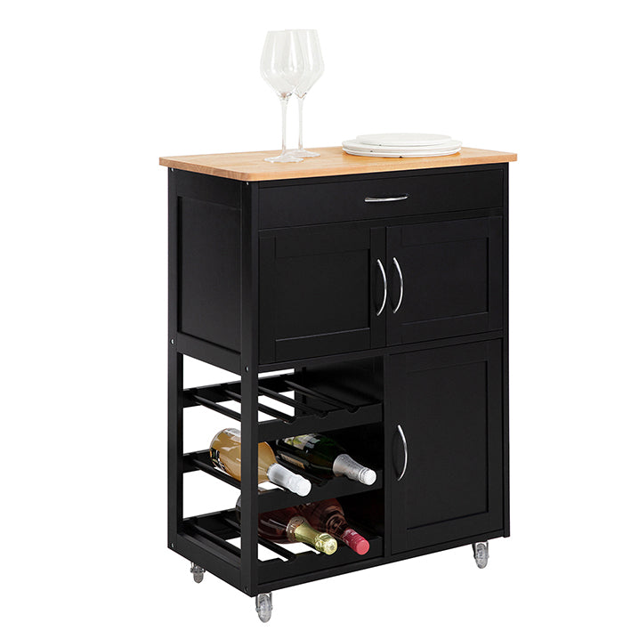 Serveerwagen - Keukenkast - Mobiel keukeneiland - Ruime opbergruimte met flessenplanken en lade - Gemakkelijke mobiliteit met afsluitbare wielen - Duurzaam MDF en rubberhout - 67 cm x 87 cm x 38 cm - Zwart