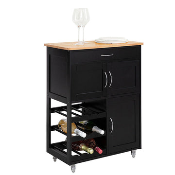 Serveerwagen - Keukenkast - Mobiel keukeneiland - Ruime opbergruimte met flessenplanken en lade - Gemakkelijke mobiliteit met afsluitbare wielen - Duurzaam MDF en rubberhout - 67 cm x 87 cm x 38 cm - Zwart