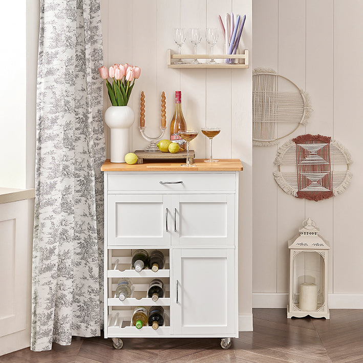 Keukenserveerwagen - Keukenkast - Mobiele barwagen - Witte afwerking - Ruime opbergruimte met flessenplanken, lade en deuren - Gemakkelijke mobiliteit met afsluitbare wielen - 67 cm x 86 cm x 38 cm
