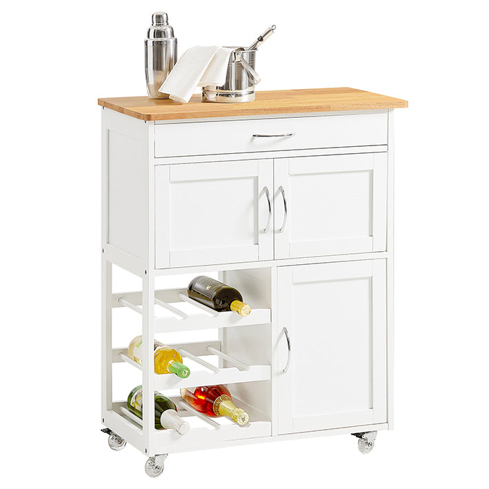 Keukenserveerwagen - Keukenkast - Mobiele barwagen - Witte afwerking - Ruime opbergruimte met flessenplanken, lade en deuren - Gemakkelijke mobiliteit met afsluitbare wielen - 67 cm x 86 cm x 38 cm