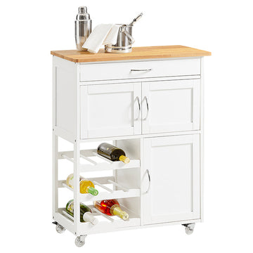 Keukenserveerwagen - Keukenkast - Mobiele barwagen - Witte afwerking - Ruime opbergruimte met flessenplanken, lade en deuren - Gemakkelijke mobiliteit met afsluitbare wielen - 67 cm x 86 cm x 38 cm